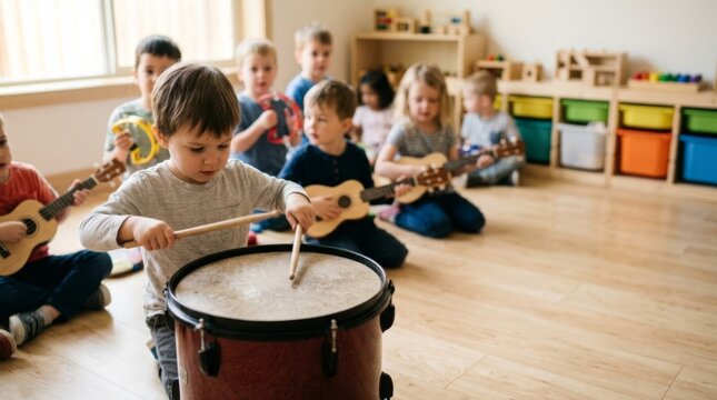 Children in early music lesson playing instruments together in a bright, sunlit classroom with copy space