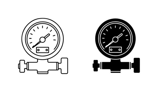 Pressure Gauge Icons, Industrial Measurement Tools, Mechanical Dial Meters, Vector Set