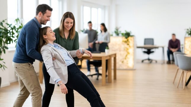 Team building trust fall exercise in a bright modern office with colleagues supporting each other.
