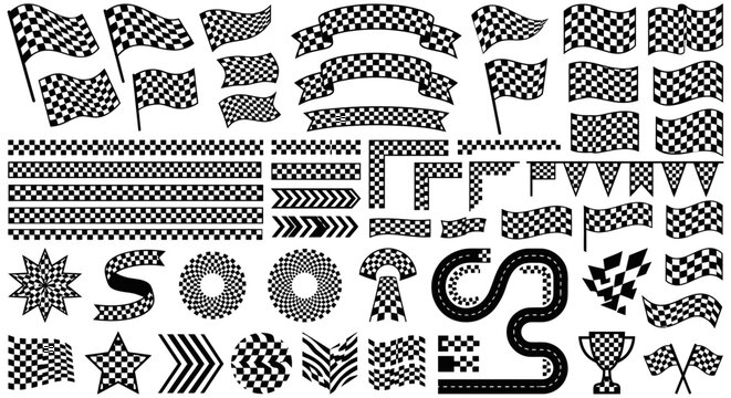 Collection of black and white checkered racing flags banners and patterns for sports design elements