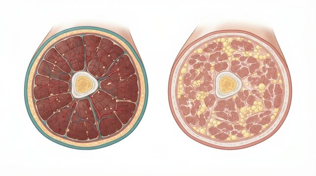 The cross-section of muscle anatomy illustrating the effects of aging and injury on muscle groups over time.