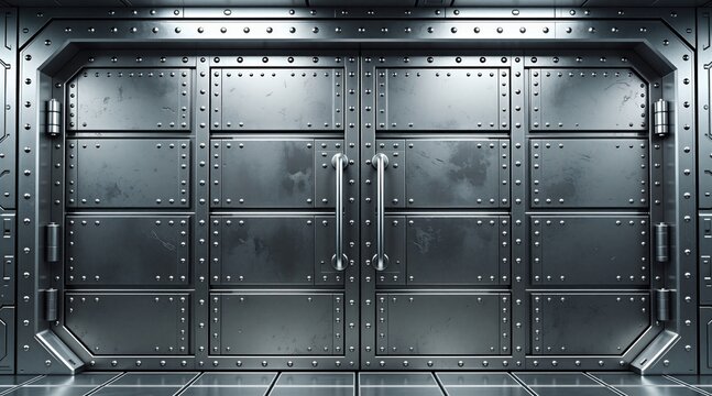 Heavy metal double doors with rivets and handles. Futuristic sci-fi bunker entrance. Secure industrial vault door texture. Empty space for text.