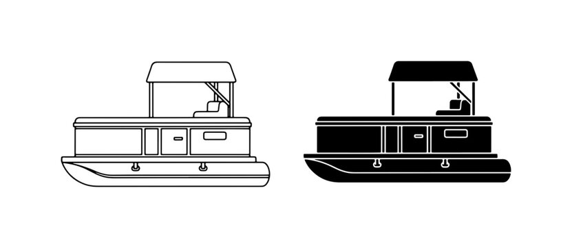 Pontoon Boat Vector Icons, Watercraft Outline and Silhouette, Nautical Transport