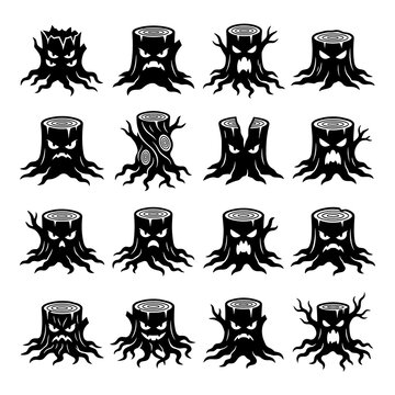 Set of scary tree stump icons with spooky faces and monster expressions in black silhouette