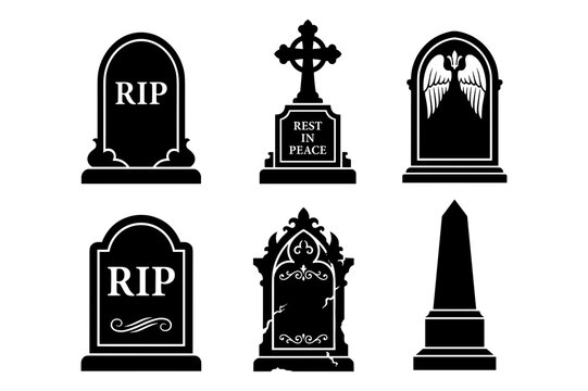 Set of black tombstone icons and graveyard headstone vector silhouettes for Halloween design