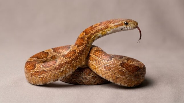 A beautiful Corn Snake with orange and brown patterned scales flicking its forked tongue while curled up on a neutral studio background