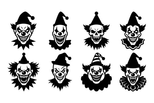 Scary clown face icons set, evil jester silhouettes for Halloween horror design projects.
