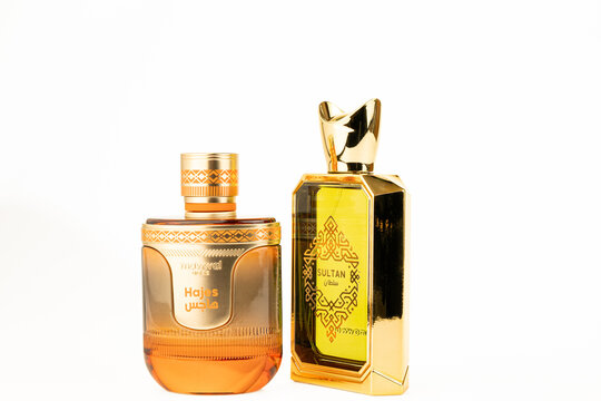 Araras, S&atilde;o Paulo, Brazil. Araras, August 17, 2026. Hajes and Sultan perfumes; photos of Hajes and Sultan perfumes together on a white background with selective focus.