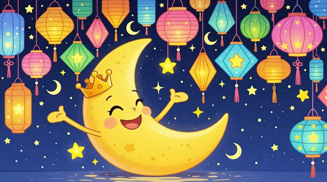 Smiling crescent moon character wears crown, celebrates with colorful lanterns and stars. Festive night sky background with many lanterns and starry elements, happy moon.