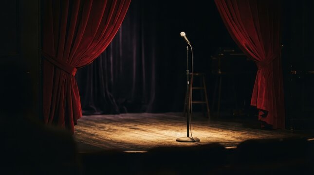 Microphone stand on stage with red curtains