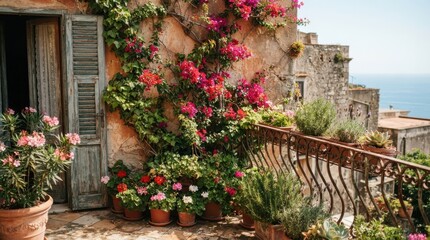 Fototapeta premium Mediterranean balcony with blooming flowers and sea view