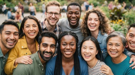 Fototapeta premium Diverse group of happy multiethnic friends smiling together outdoors
