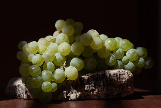 A close-up of freshly harvested grapes lying on a piece of bark on the table. The sun is shining on the grapes.