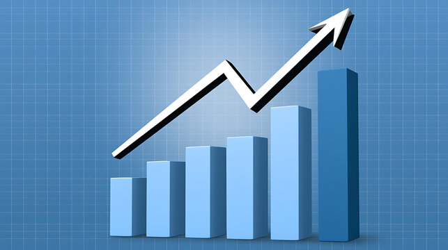 Abstract 3D bar chart with upward arrow show growth and success on blue grid background, business financial graphic