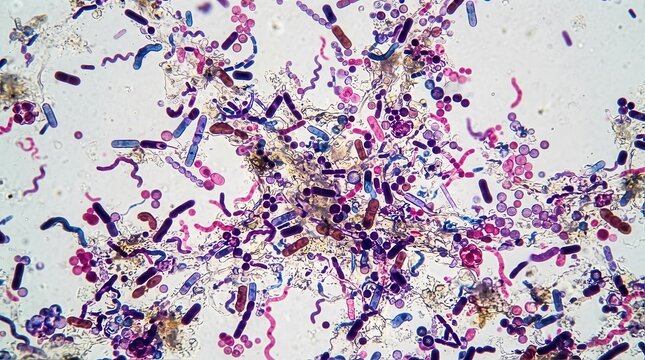 Microscopic view of stained oral bacteria