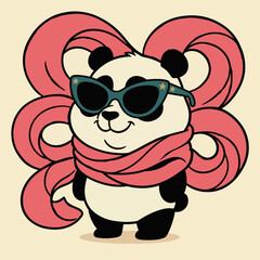 Cool cartoon panda wearing stylish sunglasses and a pink scarf © Aline