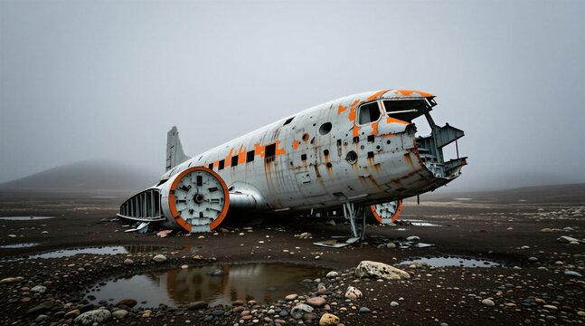 Old rusted aircraft wreckage sits in desolate wasteland under grey foggy sky. Broken plane frame rests on dark rocky ground terrain with puddles. Vintage metal vehicle remains damaged after