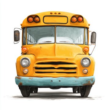 A cartoonish yellow school bus is shown from the front on a plain background