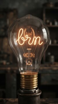 Vintage light bulb with glowing wire filament in cursive script