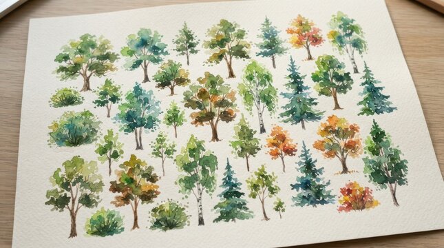 Watercolor illustration set of various forest trees and bushes