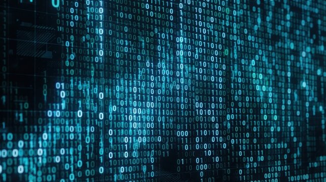 Abstract digital binary code background with glowing blue numbers
