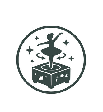 Ballerina on Music Box icon. Silhouette of a dancing figure surrounded by magic stars inside a circle, perfect for traditional Christmas nutcracker ballets and winter art