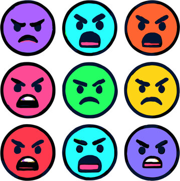 Collection of Angry Faces: A grid of nine colorful, hand-drawn circular faces displaying various angry and frustrated expressions, each in a different hue.