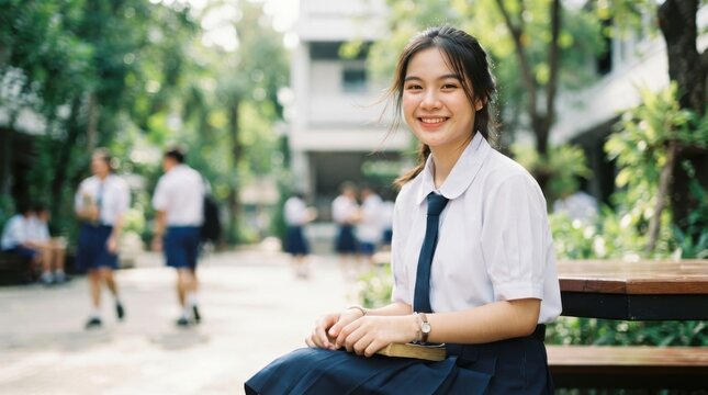 Asian female high school student smiling and sitting outdoors holding a book