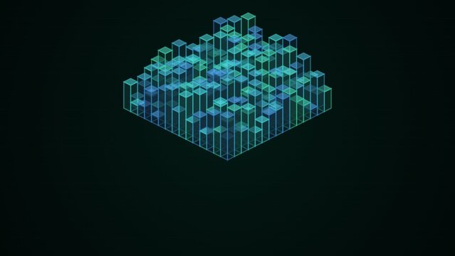 Isometric 3D Cyber City Grid with Glowing Blue Data Pillars and Digital Network Structure
