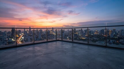 Fototapeta premium Rooftop terrace overlooking city skyline at sunset