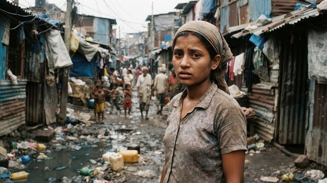 Young woman in impoverished slum alley with people in background