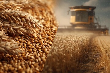 Obraz premium Combine harvester harvesting ripe golden wheat field next to detailed pile of harvested cereal grain seeds and mature crop ears. Agricultural industry harvest season