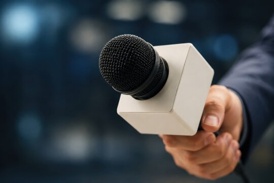 Blank Interview Microphone Offered to Viewer for Public Opinion and Media Branding