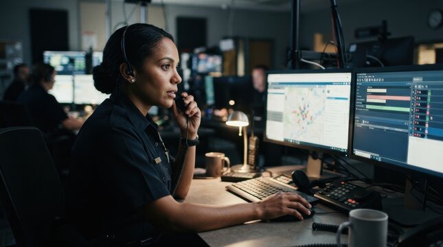 Female dispatcher working in emergency call center
