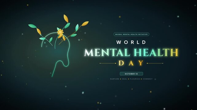 World Mental Health Day Motion Graphics Animation with Glowing Head Profile and Blooming Leaves