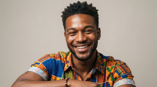 Smiling young man in traditional African patterned shirt