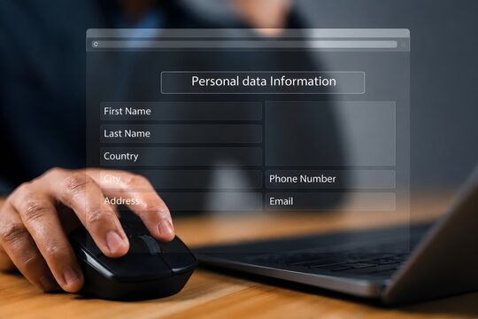 Personal data information management. Digital online employee form. Human resource concept. Businessman filling out a form with personal data online.