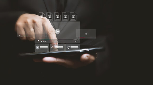 Online video streaming platform and digital content management visual with media player interface, cloud library, and multimedia files on mobile, signifying content distribution, video marketing