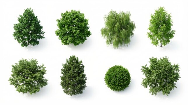 Set of various green deciduous and coniferous trees