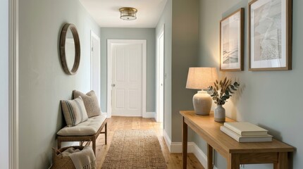 Fototapeta premium Modern entryway hallway with wooden console table bench and minimalist decor