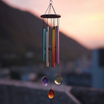 A colorful wind chime hangs in the soft light of dawn or dusk
