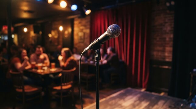 Microphone on a stand on a stage in a comedy club with audience in background
