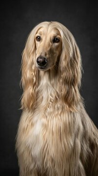 Elegant portrait of a purebred Afghan Hound featuring its signature long, silky blonde coat and noble expression, captured in a professional studio setting against a dark background.