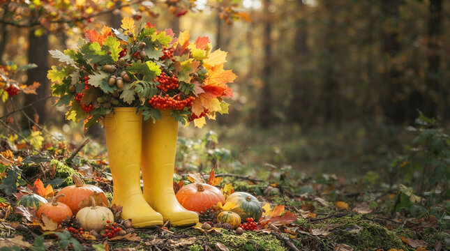 Yellow rubber boots filled with colorful autumn leaves and pumpkins on the ground