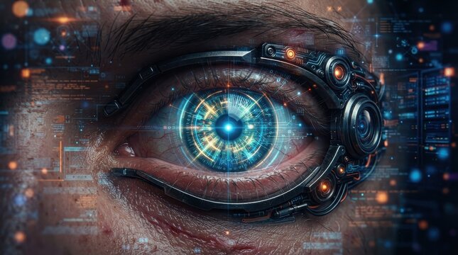 Futuristic cyborg eye with digital HUD interface and cybernetic implant
