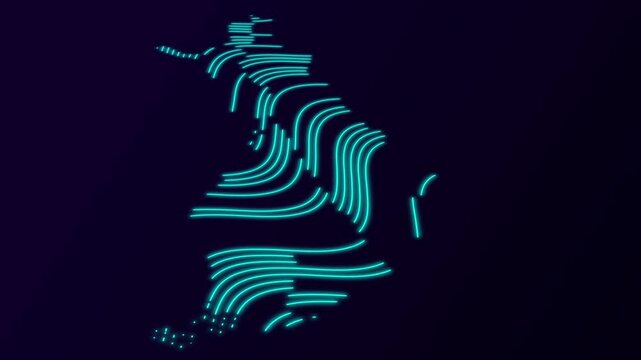 Finland Map from dynamic waves on dark background.  Map of Finland in neon style.  4K. Animated Video.