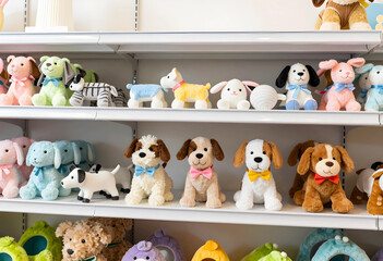 Naklejka premium Childrens toys and gifts, cute plush dog and animal dolls on display shelves in a toy store or gift shop