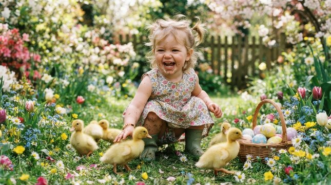 Laughing toddler playing with ducklings in a spring garden