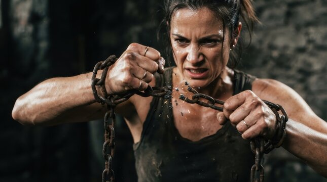 Strong woman breaking heavy iron chains with intense expression