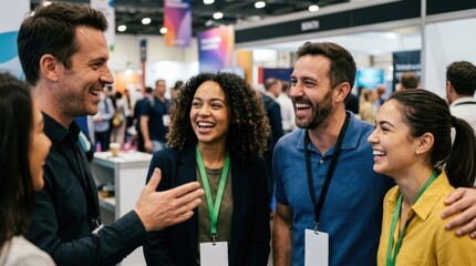 Obraz premium Business people laughing and talking at trade show convention